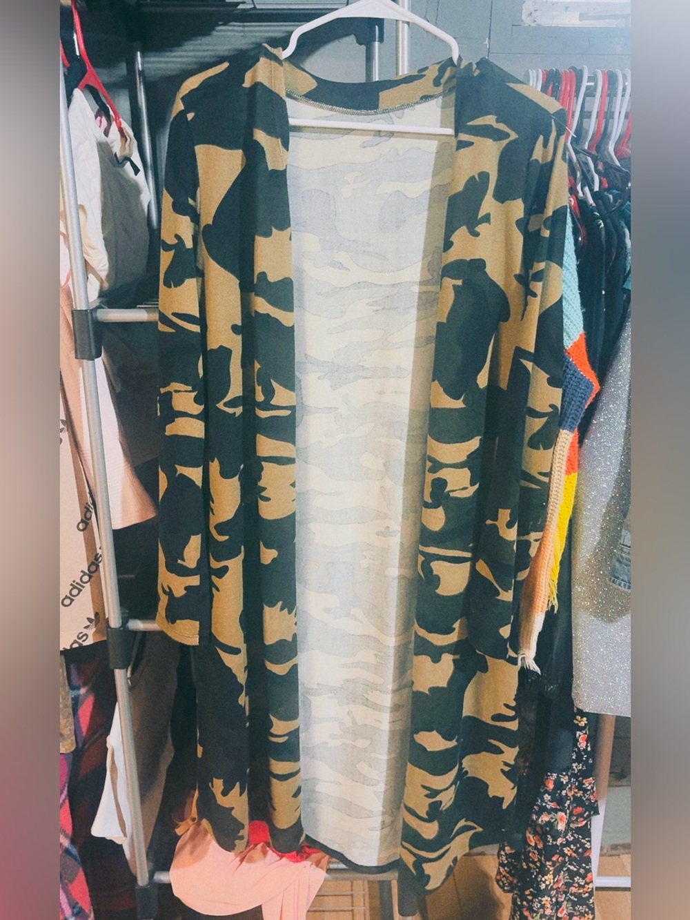 Women's Camo Open-Front Cardigan - Olive Green/Black
